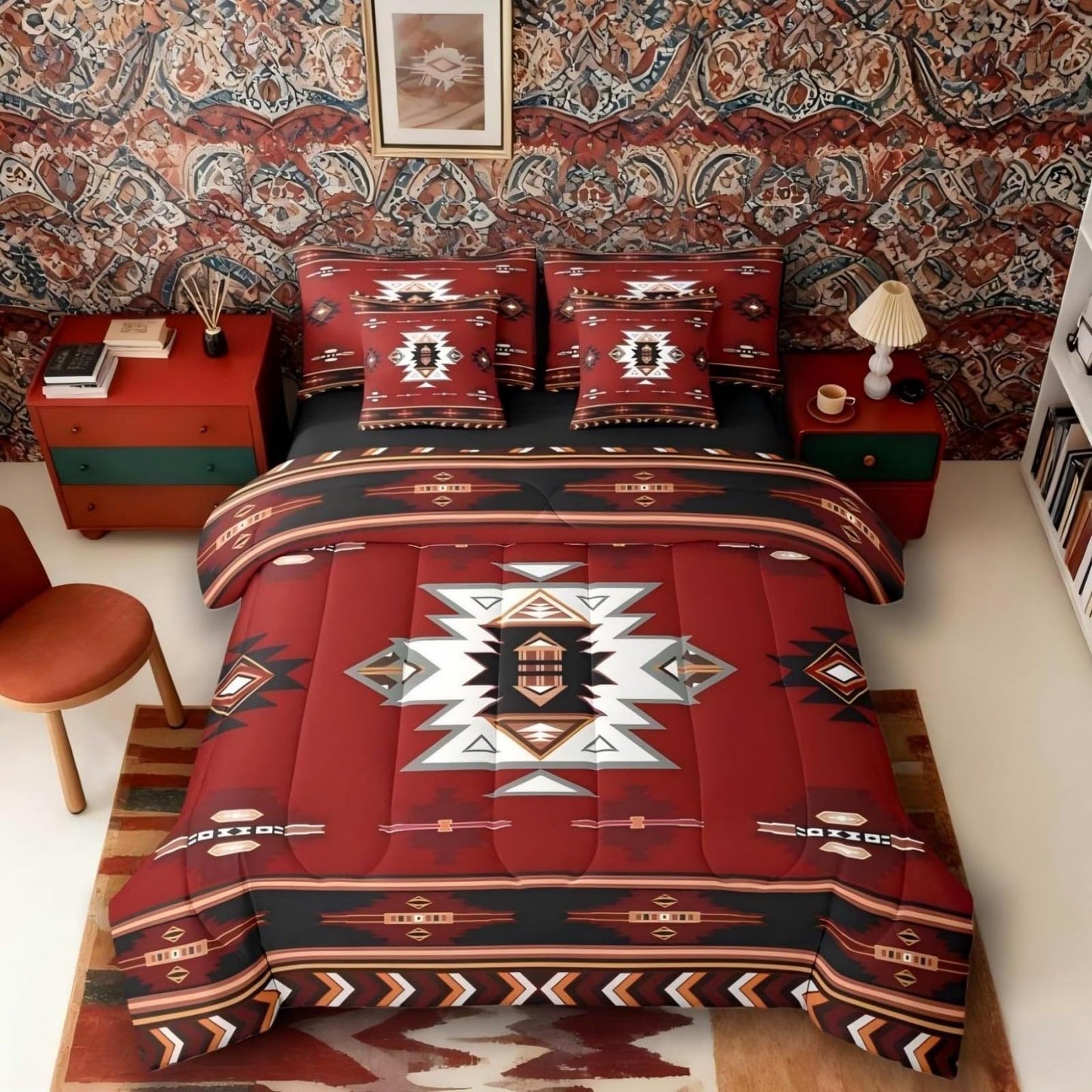Erosebridal Western Comforter Set 7-Piece Bed in a Bag Twin | Southwest Native Geometric Bedding Sets Exotic Nordic Style Aztec Comforter and Sheet Set, Sriped Diamond Triangle Room Decor,Red