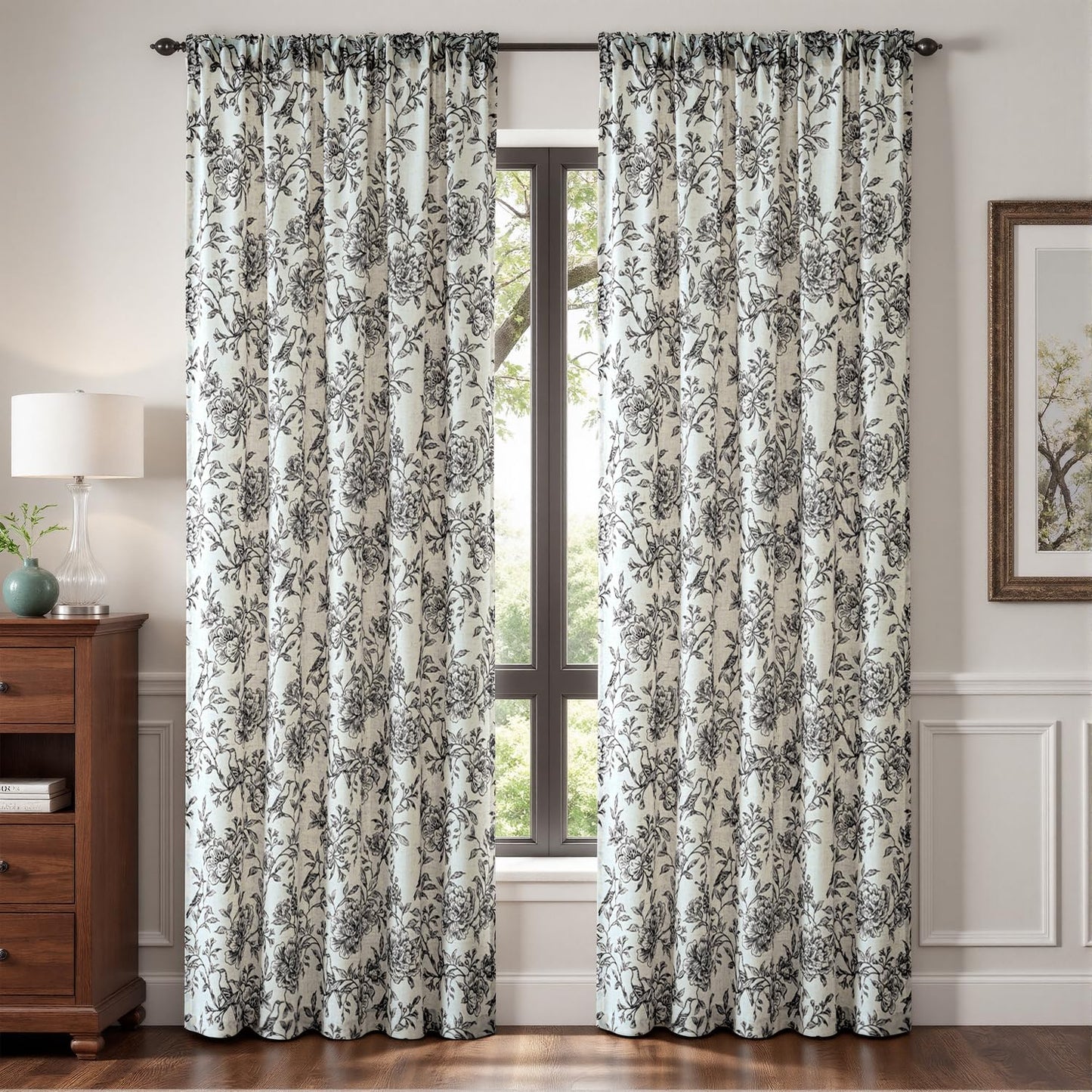 VISIONTEX Floral Farmhouse Curtains 84 Inch Length, Black Peony Printed Linen Blend Drapes, Back Tab & Rod Pocket Light Filtering Window Curtains for Living Room Bedroom, Set of 2 Panels