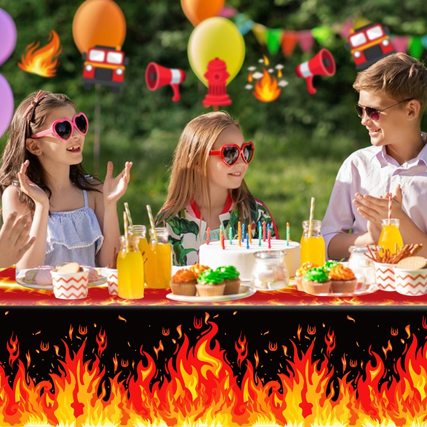 CC HOME 1Pc Fire Party Plastic Tablecloth 54 x 87 Inch Long Table Cover, Flame Party Tablecover for Fire Fighting Theme Kids Baby Shower Birthday Dinner Picnic Kitchen Event