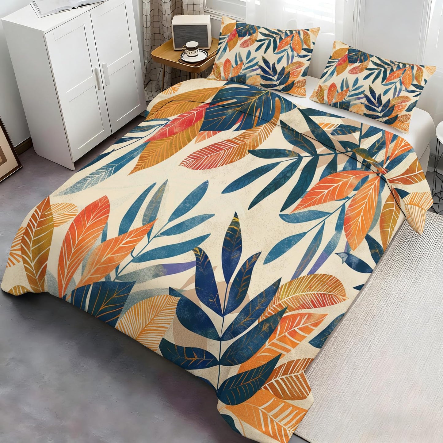 ZAMODE Leaf Duvet Cover 120" x 98", Tropical Leaf Bedding Set, Vintage Boho Leaves Comforter Cover with Zipper Ties