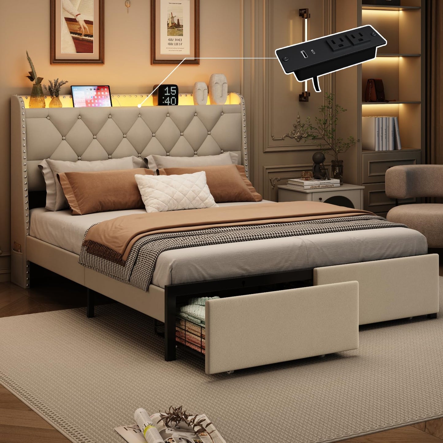 Full Size Bed Frame with Storage Headboard and 2 Drawers, Upholstered Button Tufted Bed Frames Full with Led Lights and Handy Charging Station, No Box Spring Needed, Easy Assembly, Noise Free, Beige