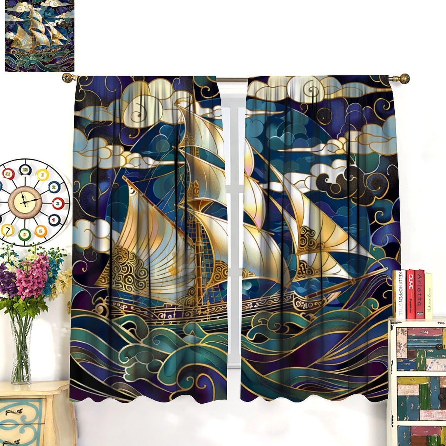 TOWINSFB Abstract Ocean Wave Sailboat Blackout Curtains for Living Room Bedroom, Fantasy Nautical Ship Cloud Window Curtains Rod Pocket Thermal Insulated Window Drapes, 2 Panels, Each 21W x 45L