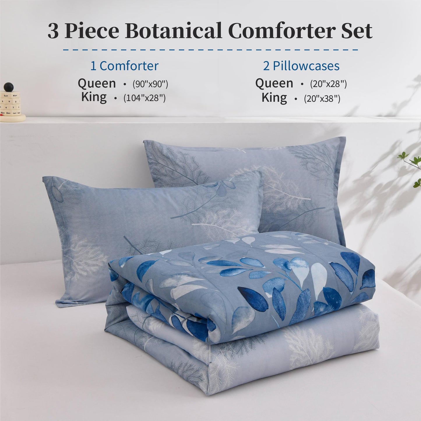 DJY Blue Comforter Set King, Navy Botanical Leaves Comforter for King Bed 3 Pieces Reversible Floral Bed Comforter Sets Soft Microfiber Bedding Set for All Season (104"x90")
