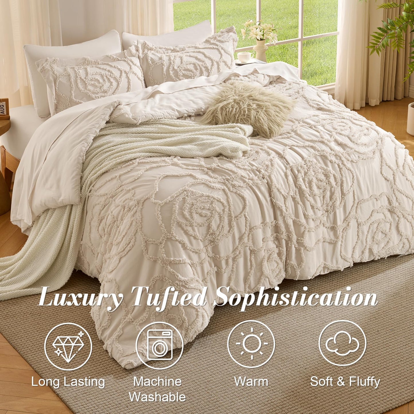 Wrenley Vale 7 Pieces Comforter Set Queen Khaki Tufted Rose Ultra Soft Fluffy Boho Tufted Comforter Set All Season Bed in a Bag Set Shabby Chic Farmhouse Rustic Style Bedding