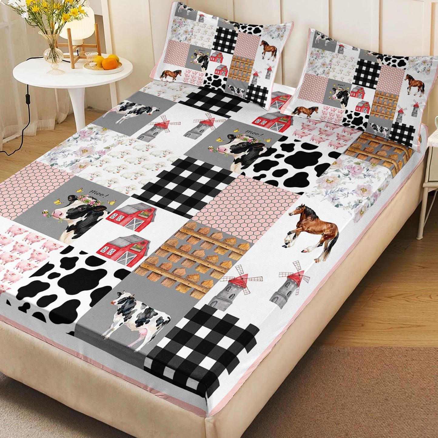 HOSIMA Cow Fitted Sheet & Pillowcase Set, Twin Western Country Room Decor Aesthetic for Girls, Cute Farm Animal Pig Cow Horse Twin Bedding Sets, Pink White Gingham