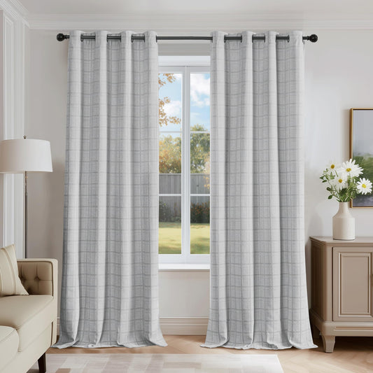Beauoop Grey Plaid Jacquard Blackout Curtains 84 Inches Long 2 Panels for Bedroom Living Room Gingham Checkered Room Darkening Thermal Insulated Soundproof Grommet Window Drapes, 52x84 2 Set