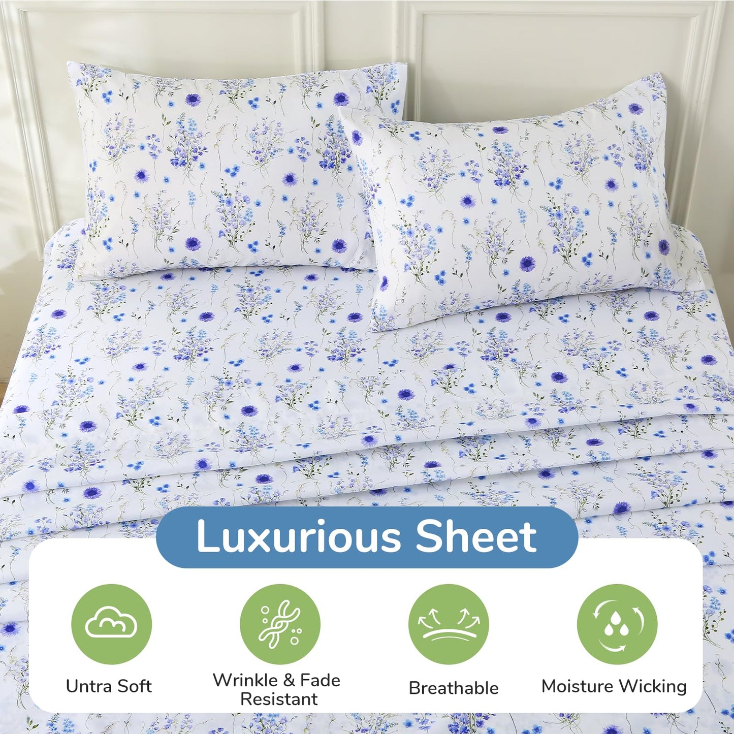 MUXHOMO Full Size 4 Piece Sheet Set, Soft & Breathable Sheet Set for Bedroom with Deep Pocket Up to 16", Wrinkle-Free & Cooling Bed Sheet with Flat Sheet, Fitted Sheet & Pillowcases - Indigo Mystical