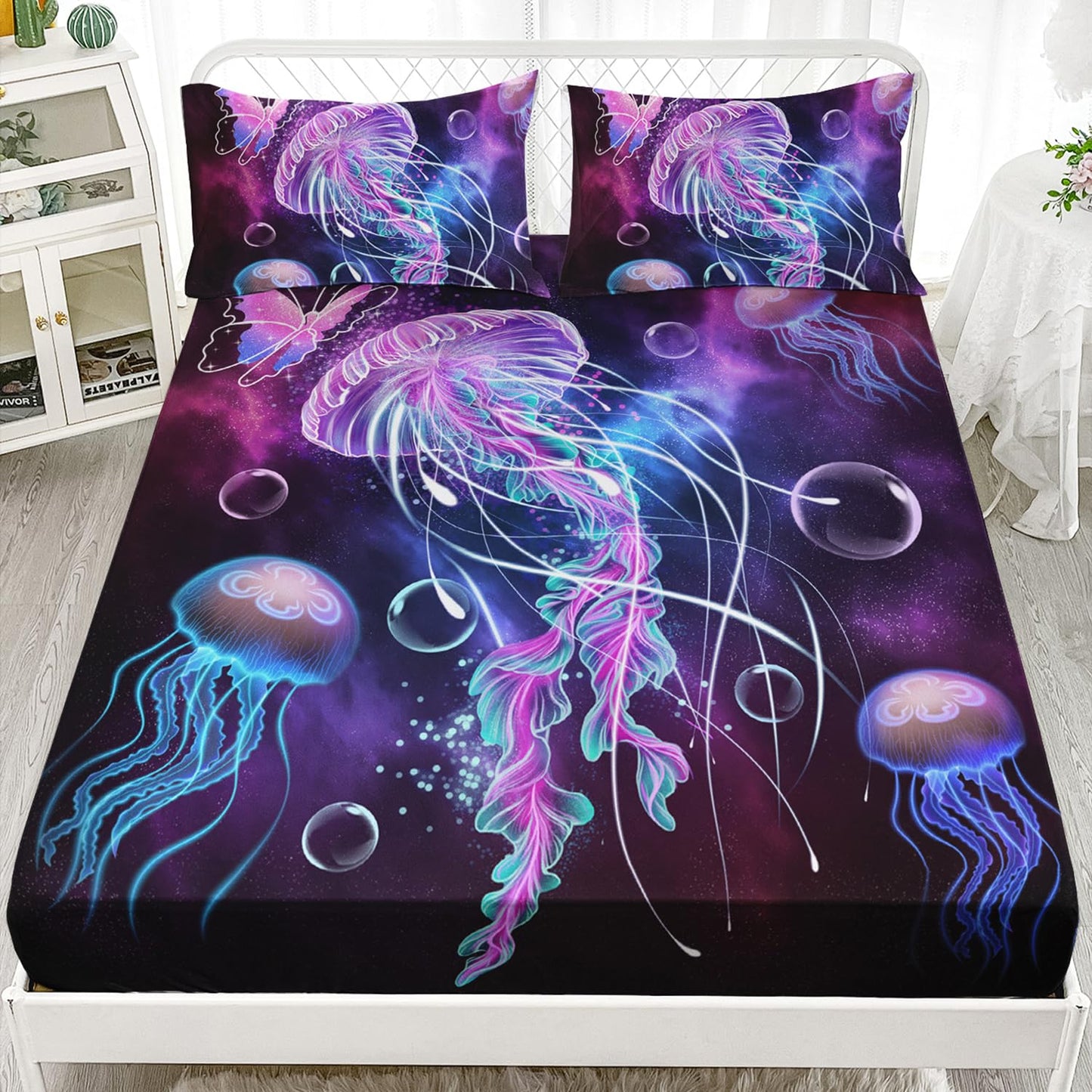 HOSIMA Jellyfish Printed Fitted Sheet Ocean Beach Theme Bedding Set 3 Piece,Universe Starry Sky Twin Bed in a Bag Set for Adults Kids Galaxy Bedding Room Decor Butterfly Bed Set.
