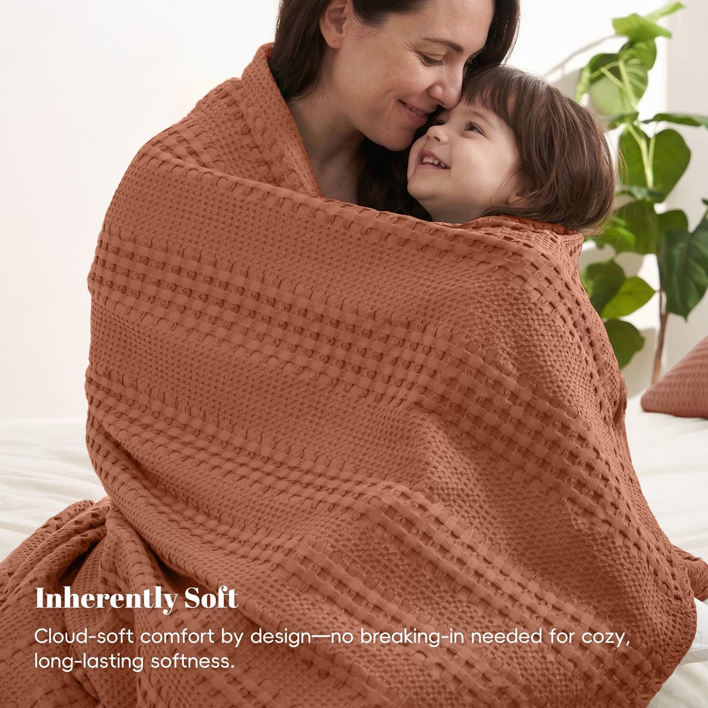 PHF Cooling Waffle Blanket Queen Size, Lightweight 60% Rayon from Bamboo & 40% Cotton Breathable Blanket for Hot Sleepers, Summer Use, Soft Luxury for Bed Couch Sofa, 90"x90", Terracotta