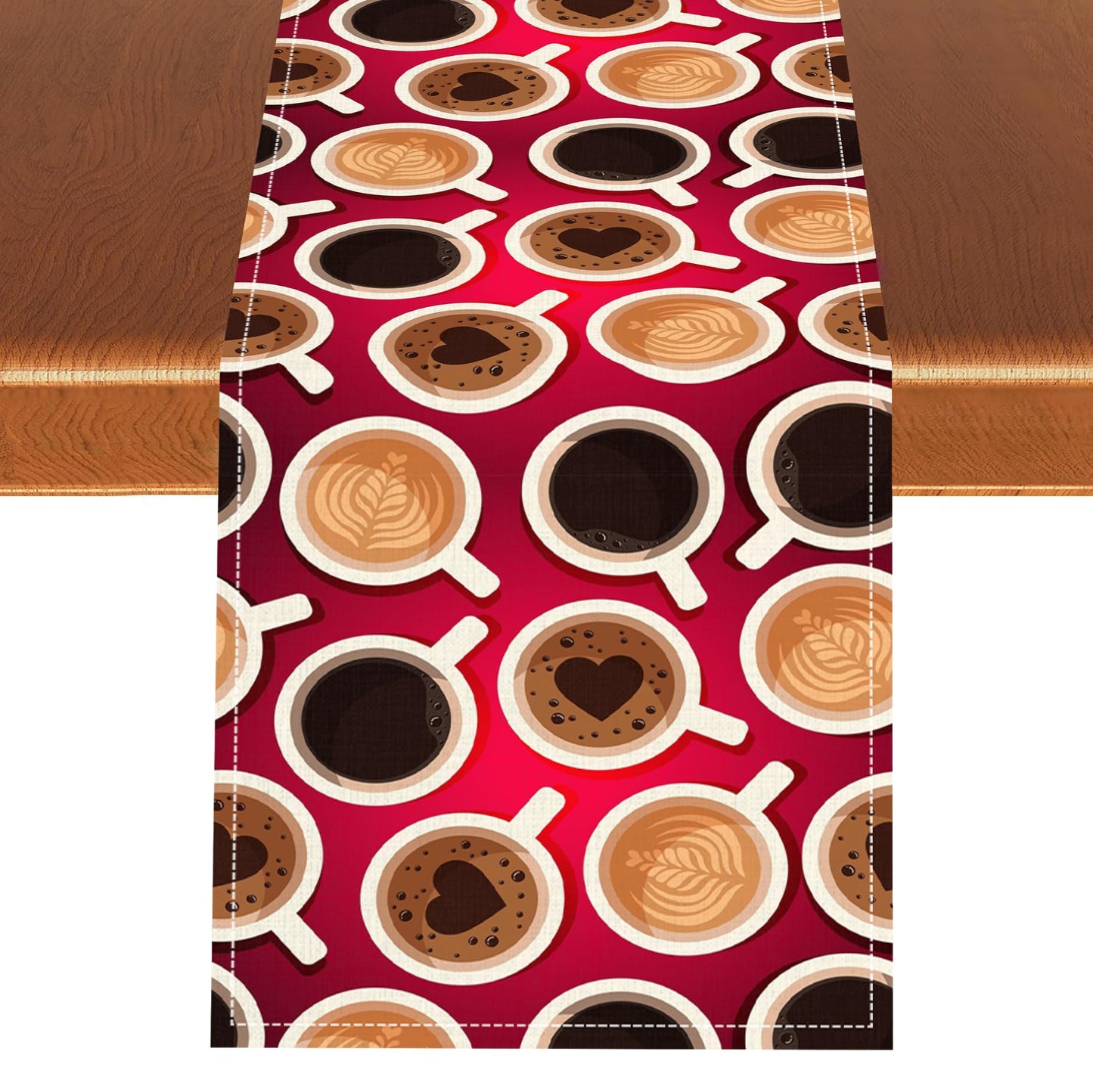 Coffee Cup Table Runner, Retro Coffee Time Latte Tea Party Modern Cafe Table Center Decor for Home Kitchen Dining Patio Holiday Party Table Decoration 13x36 inches