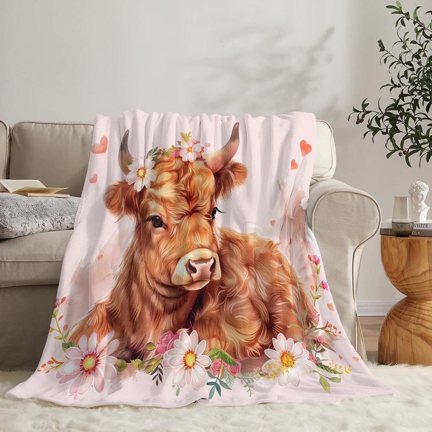 Tijuboni Pink Cow Throw Blanket Highland Cow Gifts for Girls Women Boys Men Kids Adults Soft Flannel Fleece Blanket for Couch Sofa Bed Home Decor 40"x50"
