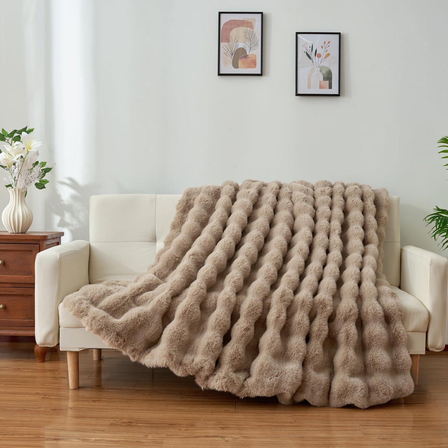 CloudDwelling Faux Rabbit Fur Bubble Throw Blanket Plush Fluffy Cozy Blanket for Couch Bed Sofa Reversible Winter Warm Blanket for Home Decor (Taupe, 50"x60")