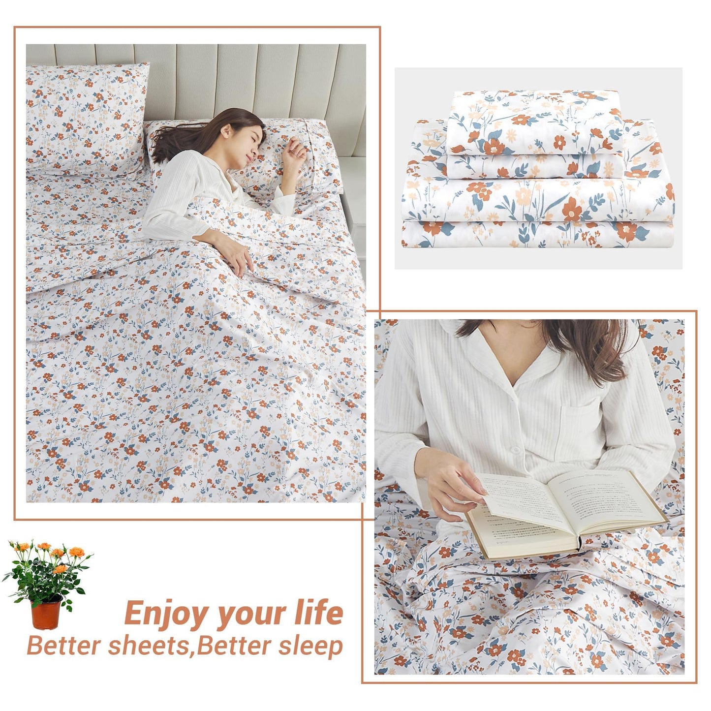 Softan Floral Queen Sheet Set Orange Flower Printed Bed Sheets - 4 Piece Soft Microfiber Patterned Fitted Sheets with 15" Deep Pocket and Corner Straps, Cute Spring Sheets & Pillowcase Set