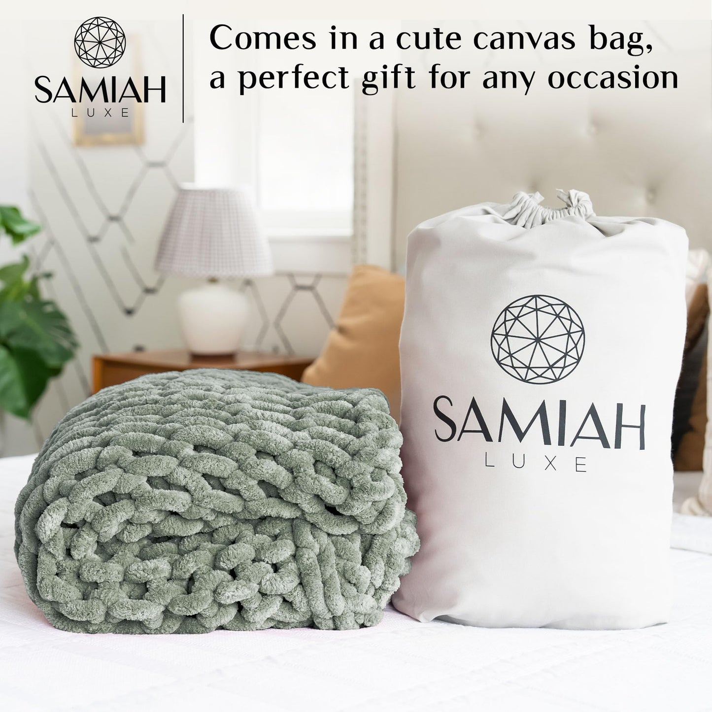 SAMIAH LUXE Chunky Knit Throw Blanket 50x60, Sage Green Chenille Throw Blanket for Couch Bed Sofa, Soft Fluffy Cable Knit Blanket, Oeko-TEX Certified, Machine Washable