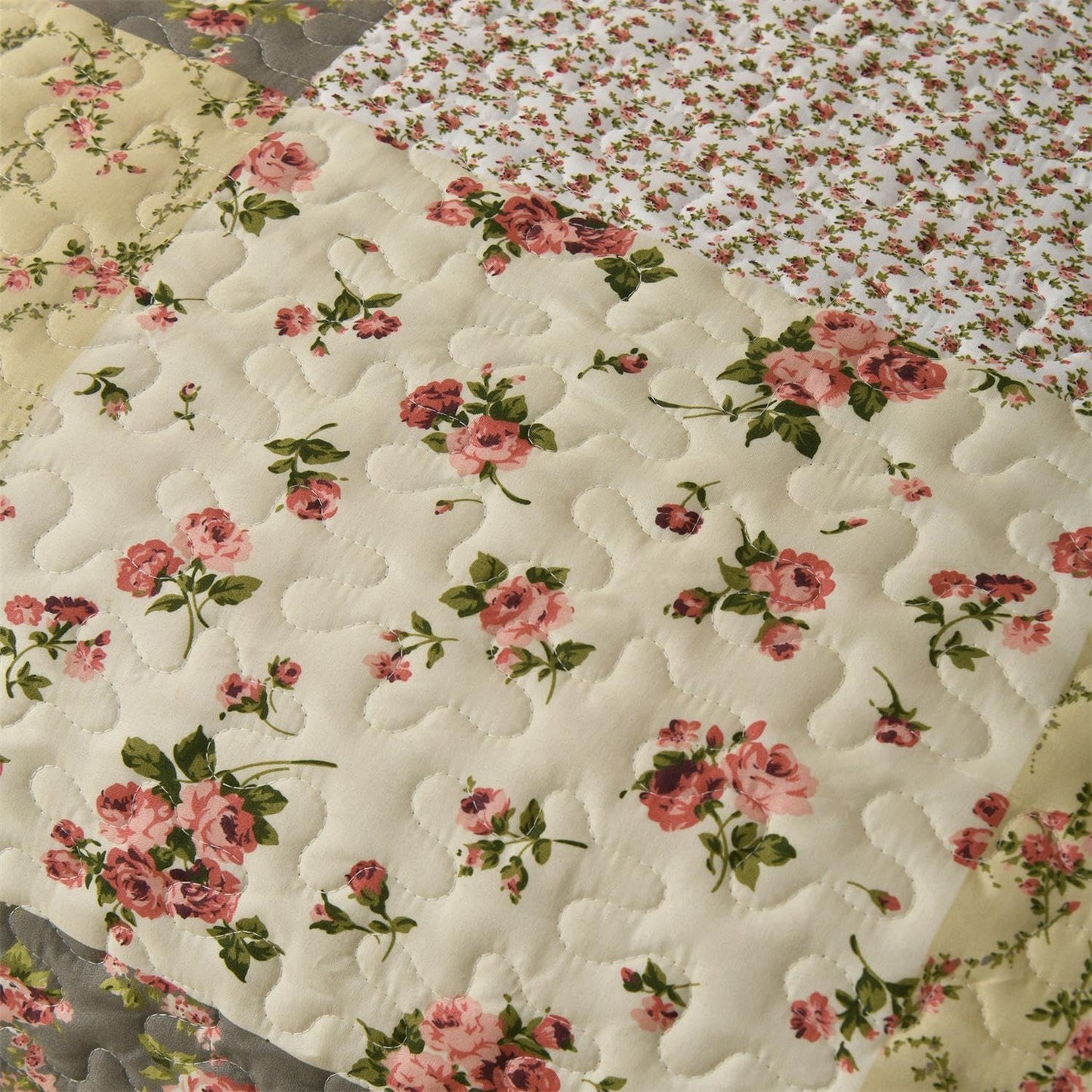 Summer Floral King Quilted Bedspread,Romantic Beige Quilt Set,Reversible Stitched Bedding Cover All Season,Soft Lightweight Coverlet with Pillow Cases (Ivory&Pink, King(102"x90"))
