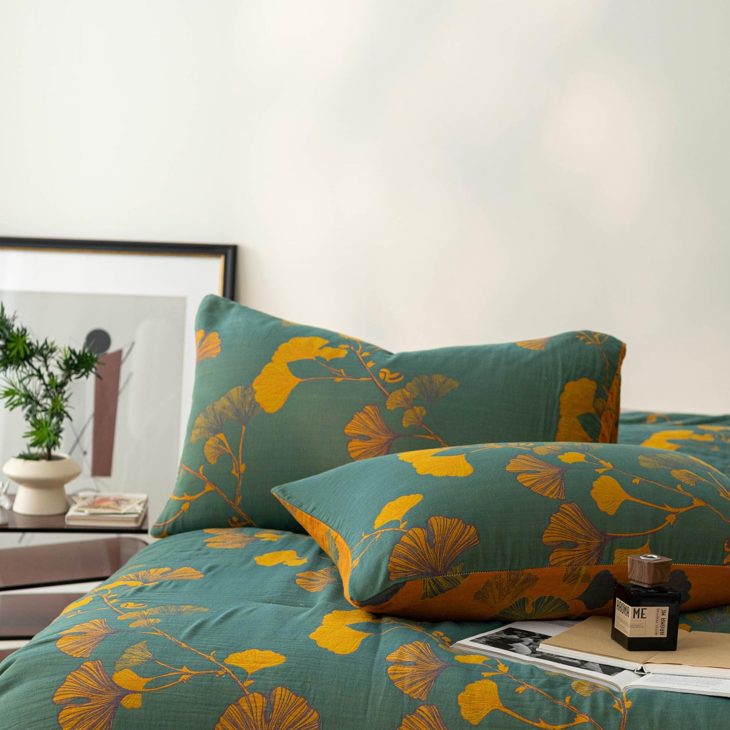 Purefair 100% Cotton Muslin Jacquard Comforter Set, Floral Ginkgo Leaves Print, Soft Lightweight Reversible 3 Piece Bedding Sets for All Season, Green Yellow, Full/Queen(90"x90")