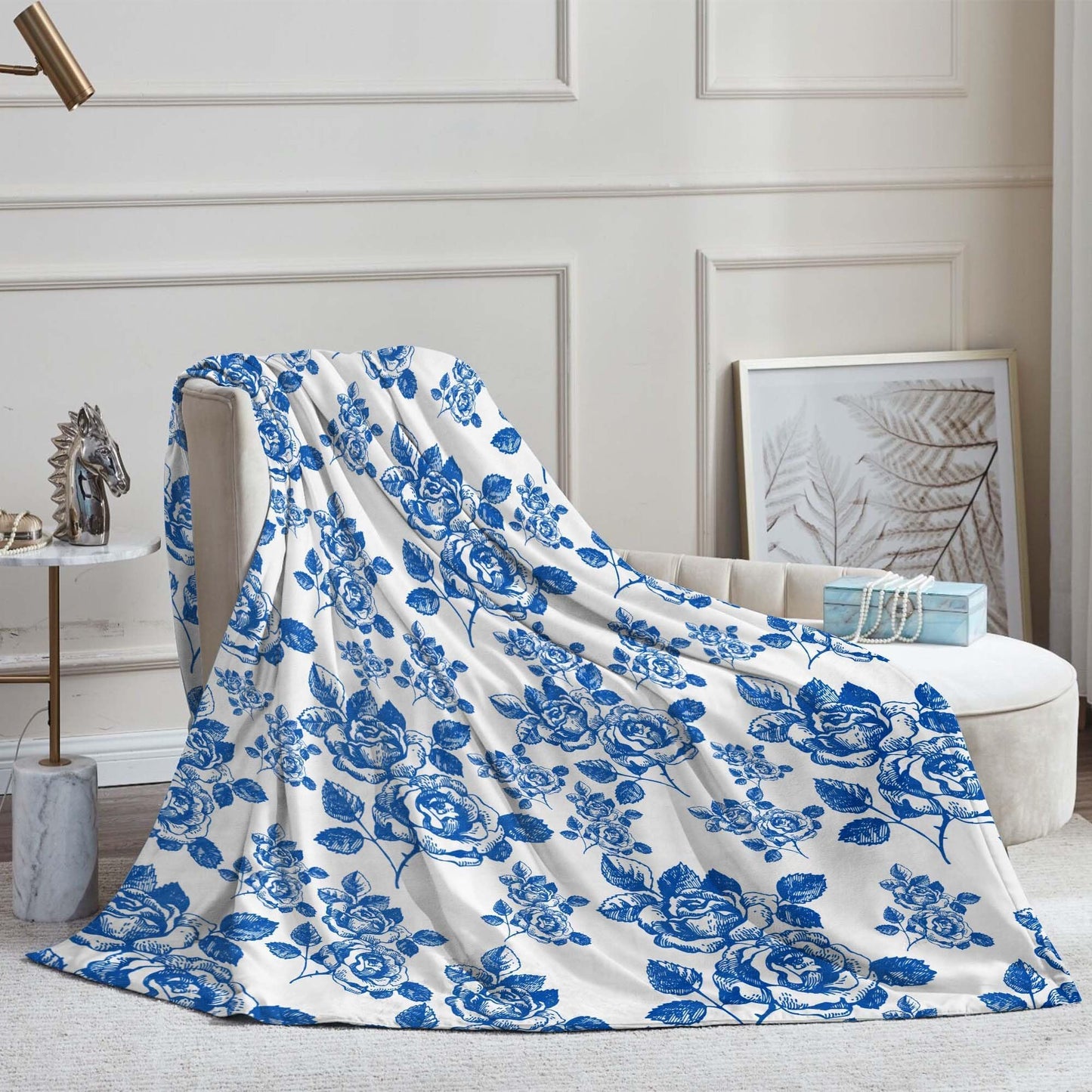 Pdvbiee Blue Floral Throw Blanket, French Country Chinoiserie, 50x60 in