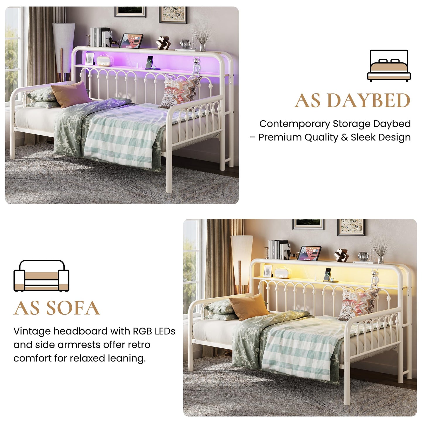 SHA CERLIN Twin Size Daybed, Metal Sofa Bed Frame with Double-Layer Storage Headboard, LED Lighting & USB Charging Ports, Steel Slat Support, White, for Living Room/Guest Room