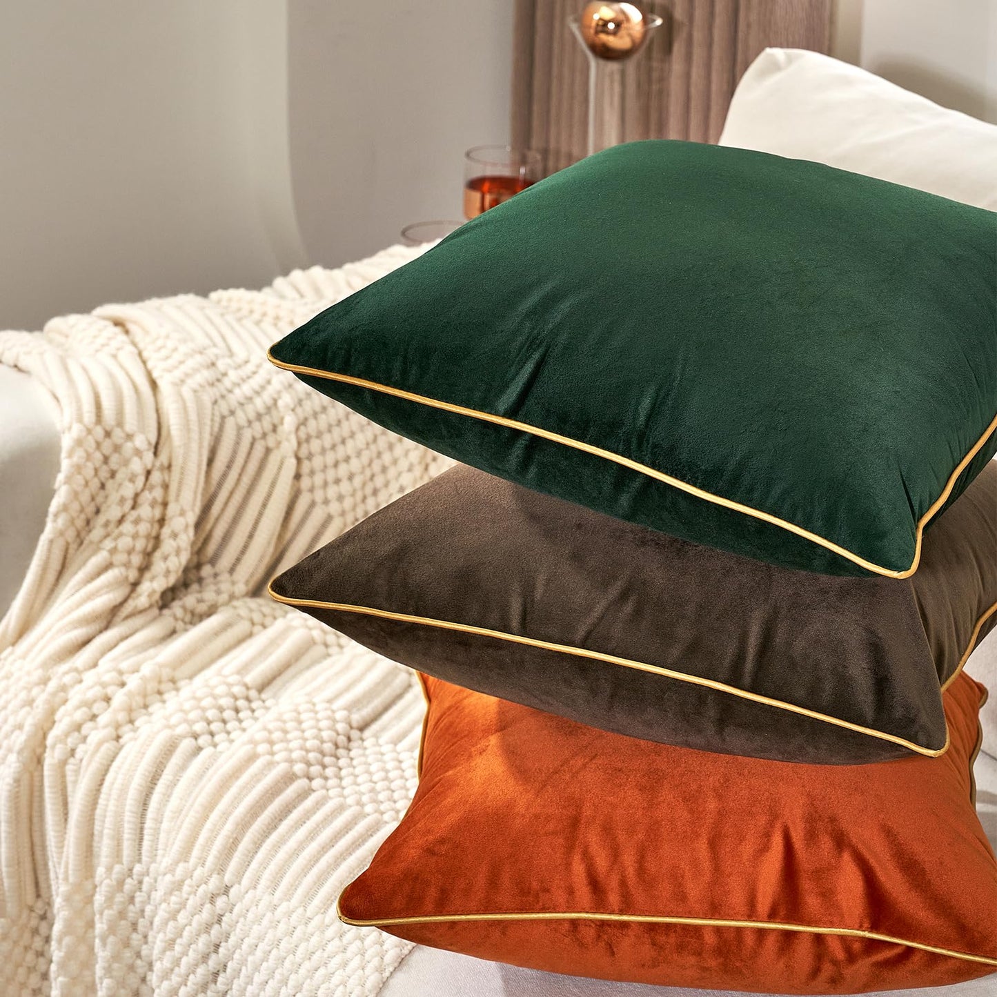Aeckself Pack of 2 Green Velvet Pillow Covers 24 x 24 Inch, Large Modern Luxury Decorative Pillowcase with Gold Trim Edge, Comfortable Soft Solid Cushion Case for Couch Bedroom Living Room