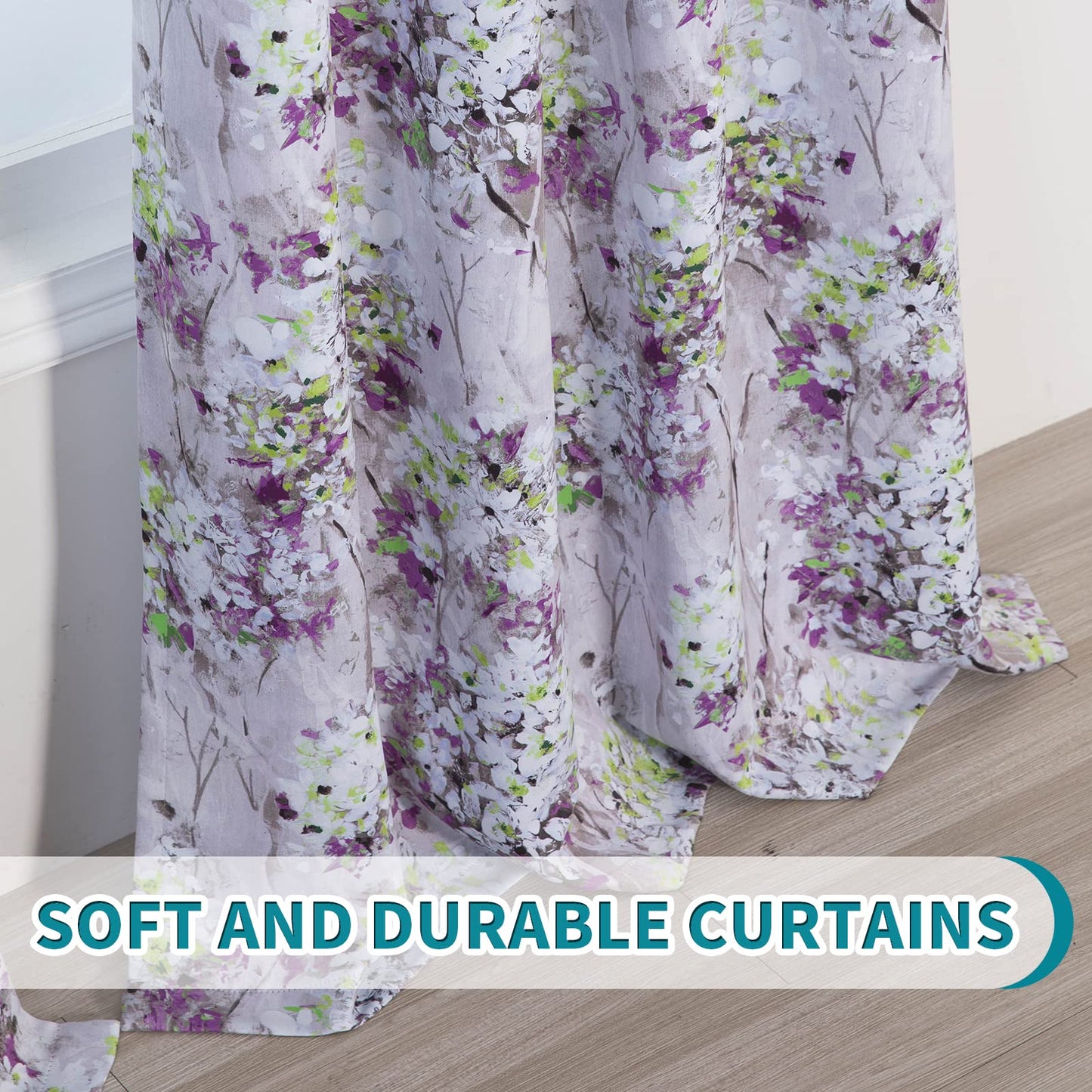 MYSKY HOME Purple Curtains 84 Inch Long 2 Panel Thermal Insulated Half-Blackout Flowers and Leaves Printed Curtains with Grommet