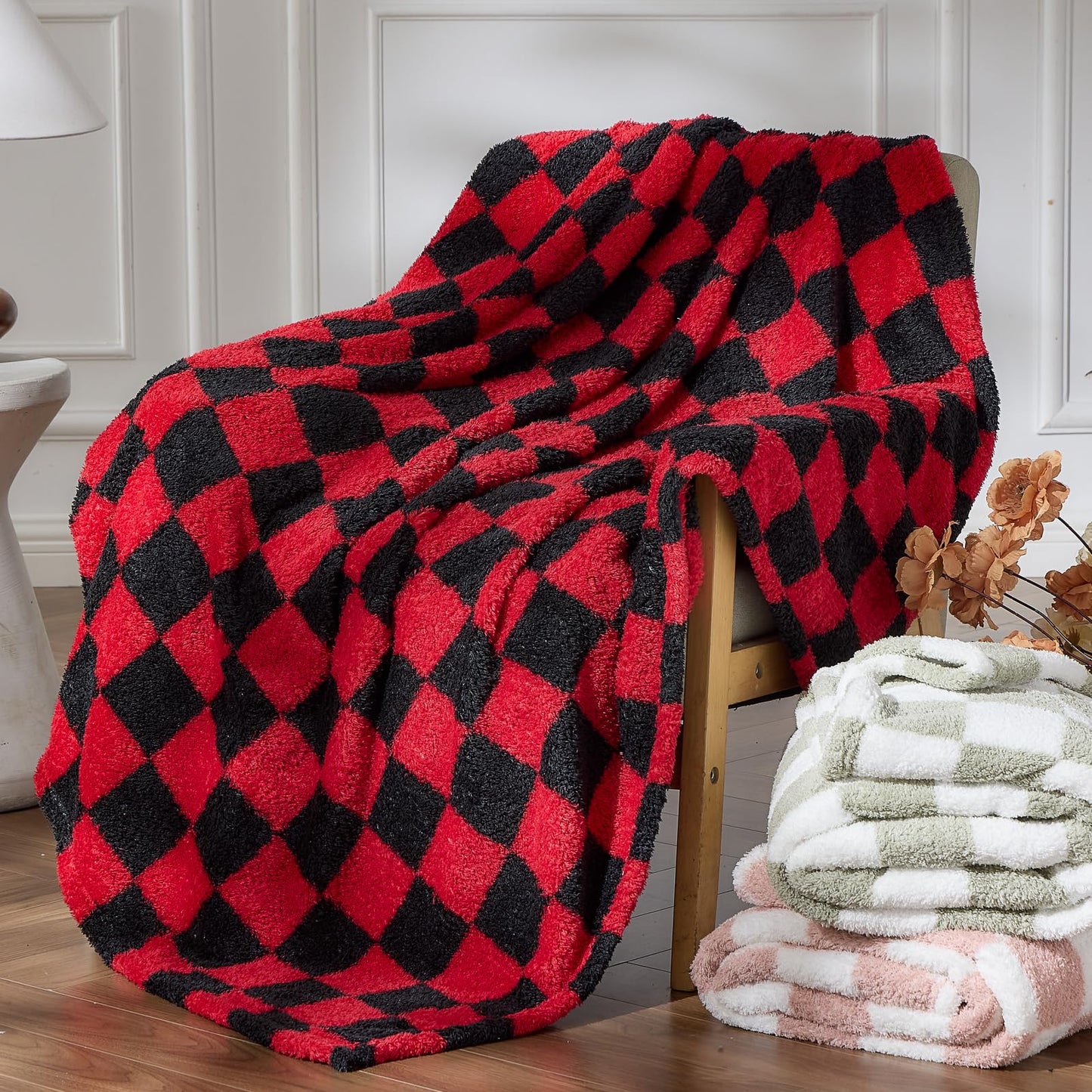 NEWCOSPLAY Knitted Red Black Checkered Blanket Super Soft Plush Throw for Couch Fuzzy Fluffy Microfiber Lightweight Blanket for Bed Sofa All Season Use (Red Black, Throw(50"x60"))