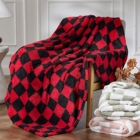 NEWCOSPLAY Knitted Red Black Checkered Blanket Super Soft Plush Throw for Couch Fuzzy Fluffy Microfiber Lightweight Blanket for Bed Sofa All Season Use (Red Black, Throw(50"x60"))