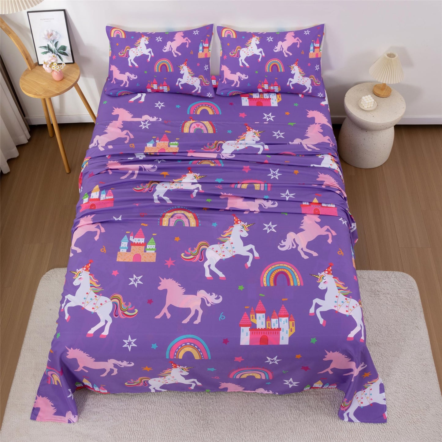 URLINENS Girls Sheets Full Size 4 Piece, Rainbow Star Castle Unicorn Sheet Set for Kids Teens, Fun Purple Bed Sheets Soft Microfiber Girls Bedding Sheet-1 Fitted Sheet 1 Flat Sheet 2 Pillowcases