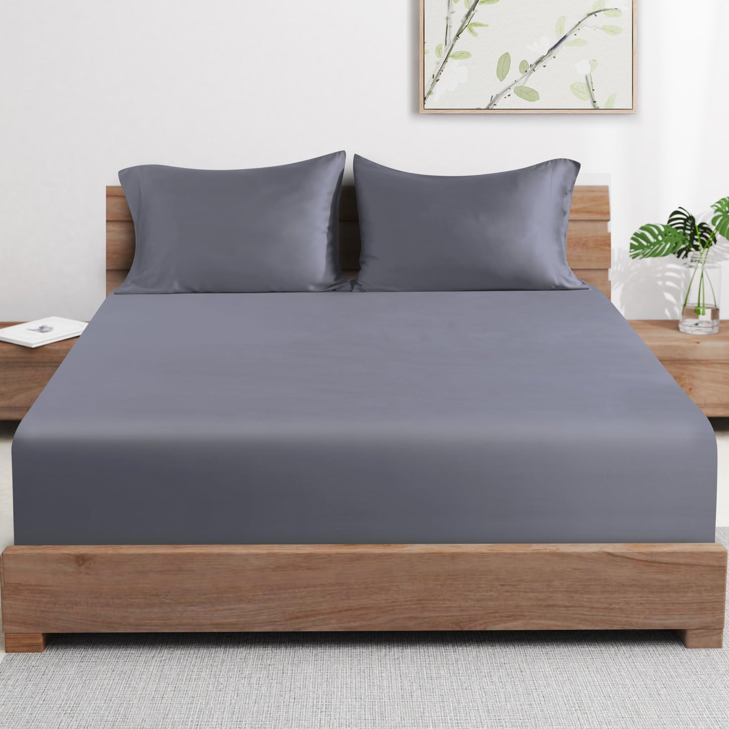 Bamboo Viscose Fitted Sheet Queen Size Only, 400 Thread Count, 16" Deep Pocket Cooling Bottom Sheets for Hot Sleeper, Silky Soft Breathable (Queen, Dark Grey