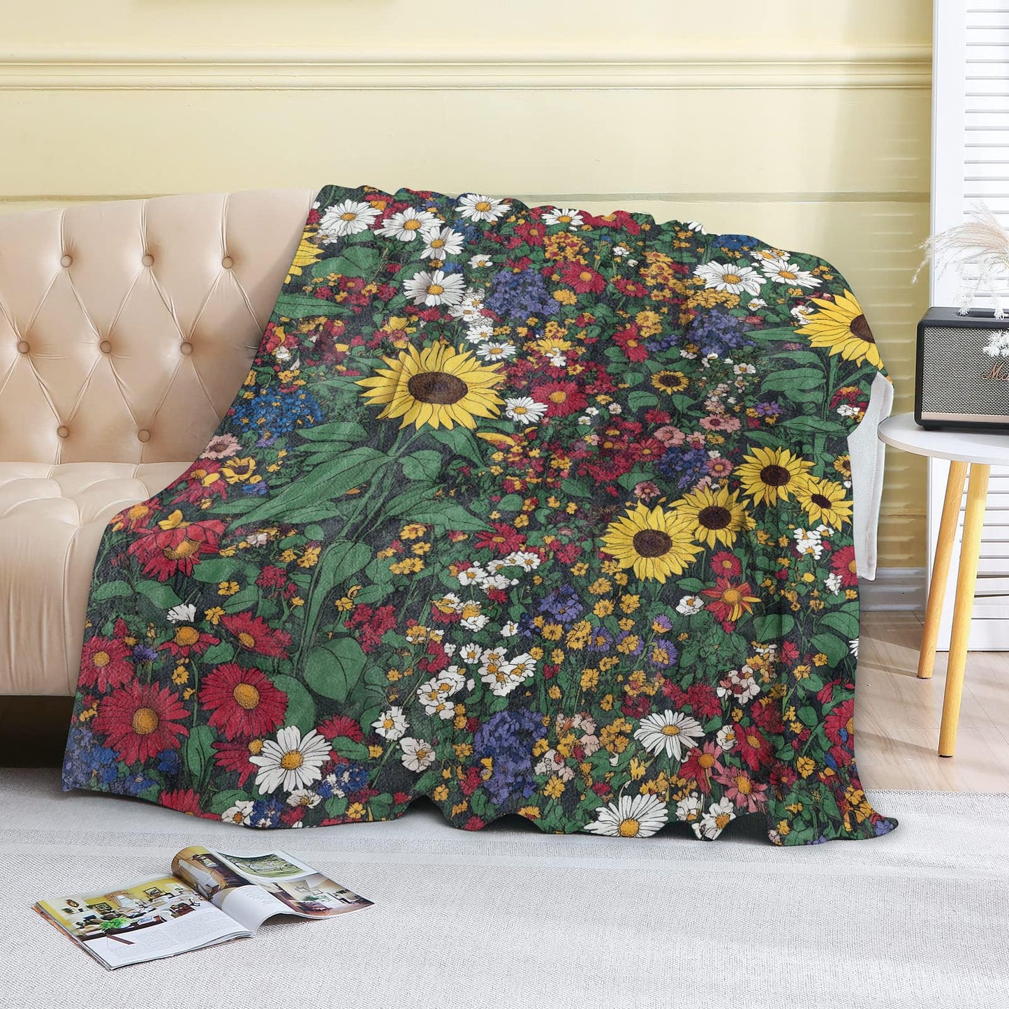 coedoaes Wildflower and Sunflower Fleece Blanket - 50x60in Lush Garden Floral Flower Nature Throw Blankets,Soft Cozy Lightweight, Ideal for Living Room Home Decor and Kids Women Girls Spring Gifts