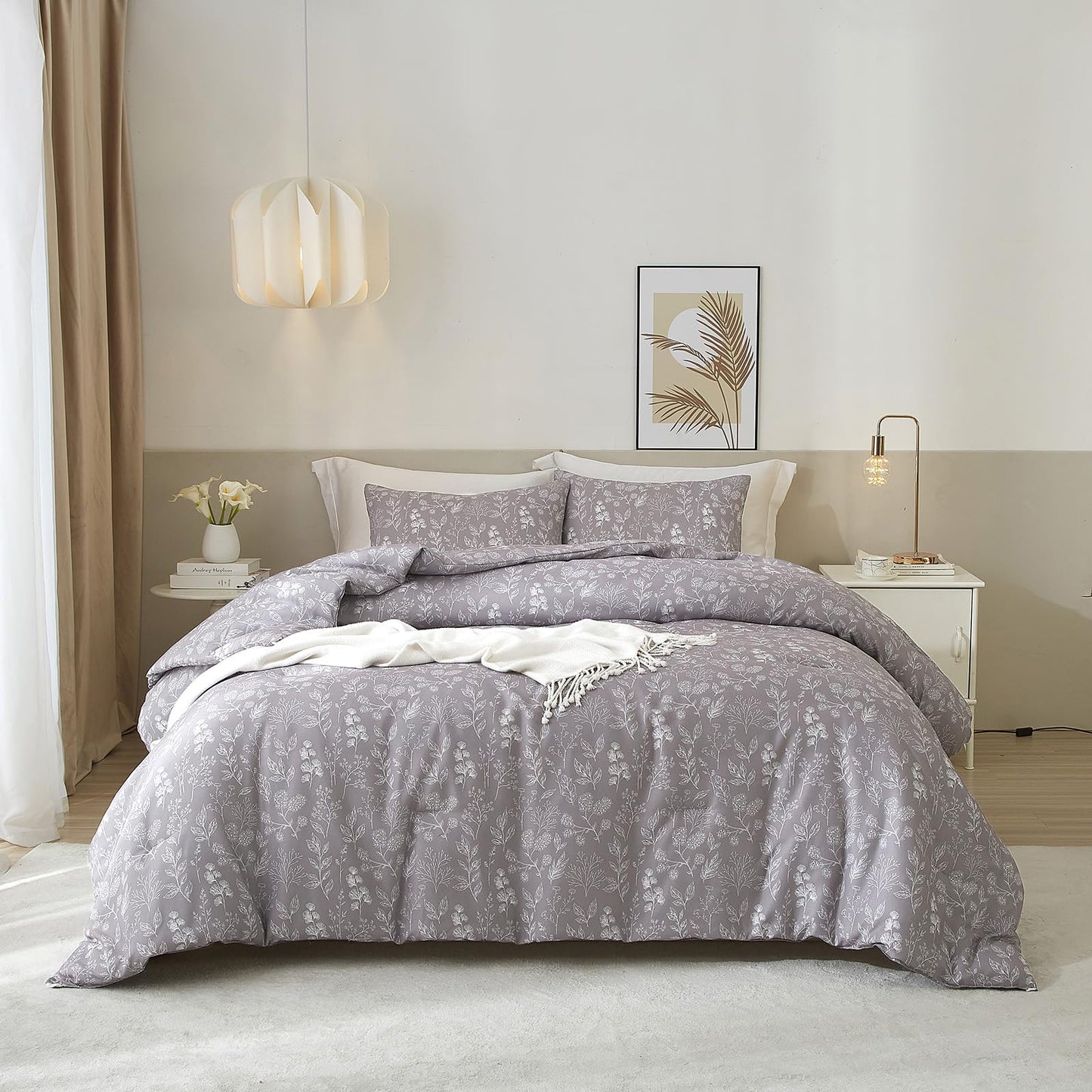 EAVD Botanical Floral Comforter Set Queen Grayish Purple Soft Microfiber Chic Cute Garden Floral Bedding Comforter Set 1 Queen Comforter and 2 Pillowcases Fresh Botanical Comforter for All-Season