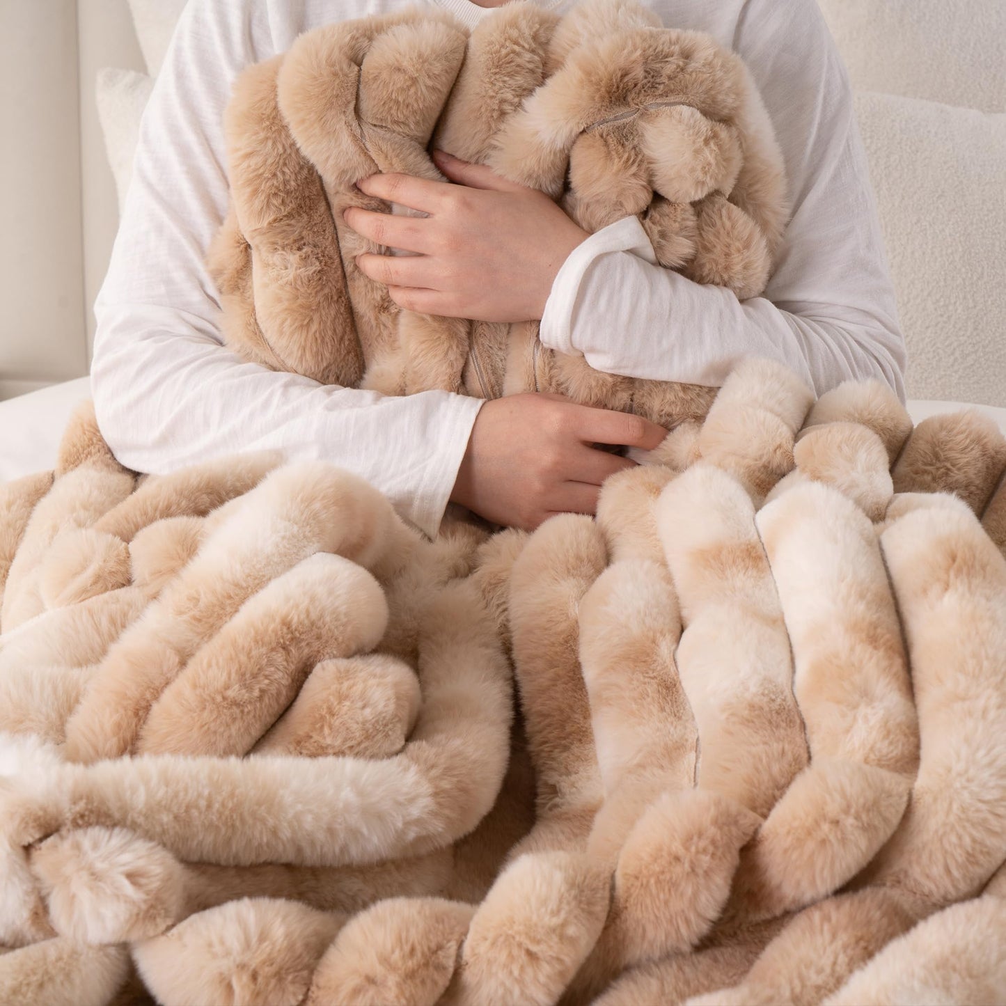 Battilo Beige Throw Blanket for Couch, Cozy Warm Plush Striped Rabbit Fur Throw Blanket for Bed, Super Soft Fuzzy Faux Fur Blanket for Living Room Bedroom, Home Decor & Gifts, 50"x60"