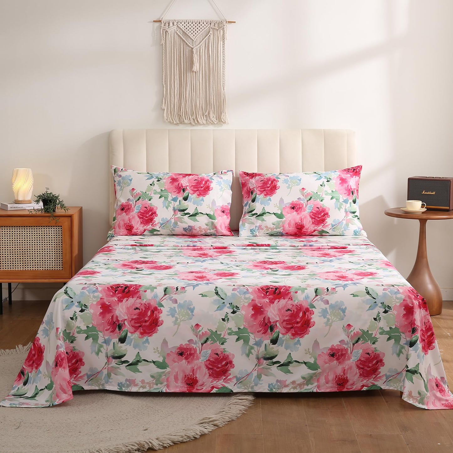 JSD Watercolor Rose Floral Sheet Set Queen Size, 4 Piece Soft Printed Microfiber Sheets Extra Deep Pocket