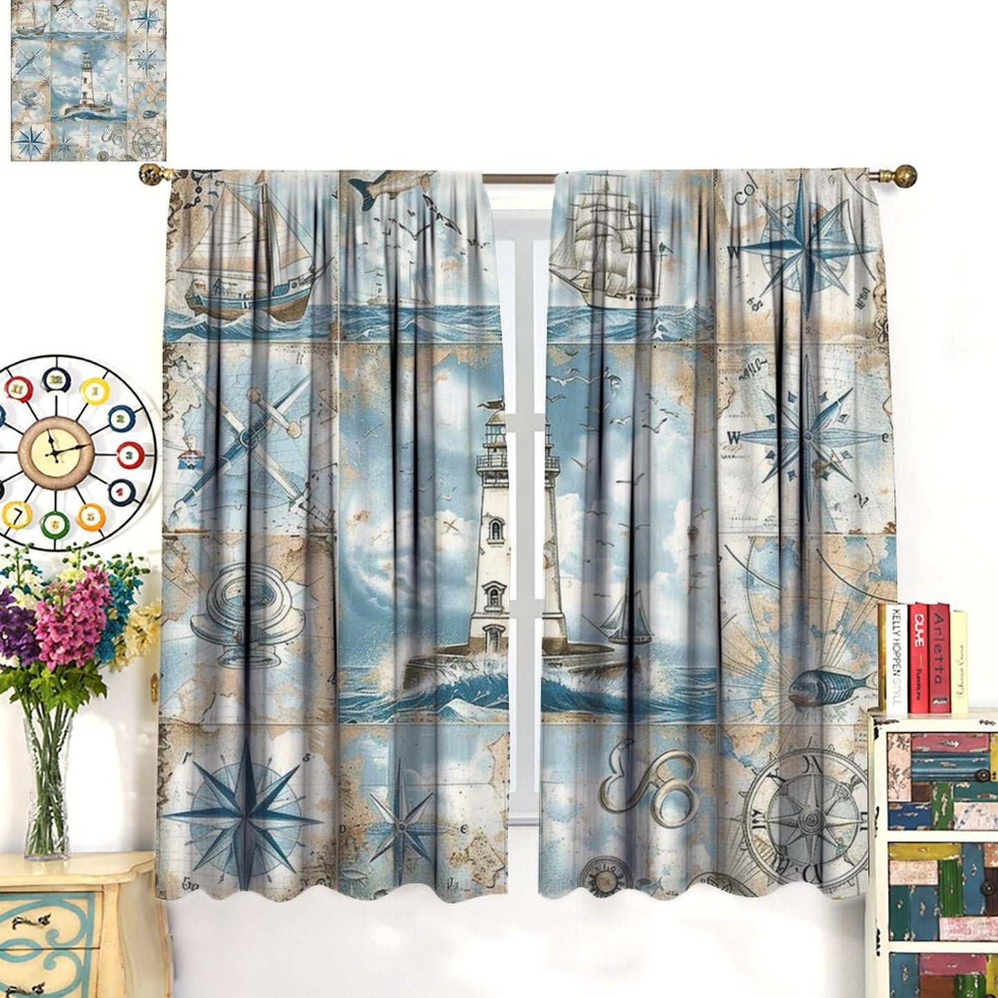 TOWINSFB Nautical Journey Blackout Curtains for Living Room Bedroom, Retro Sailboat Compass Lighthouse Window Curtains Rod Pocket Thermal Insulated Window Drapes, 2 Panels, Each 21W x 63L