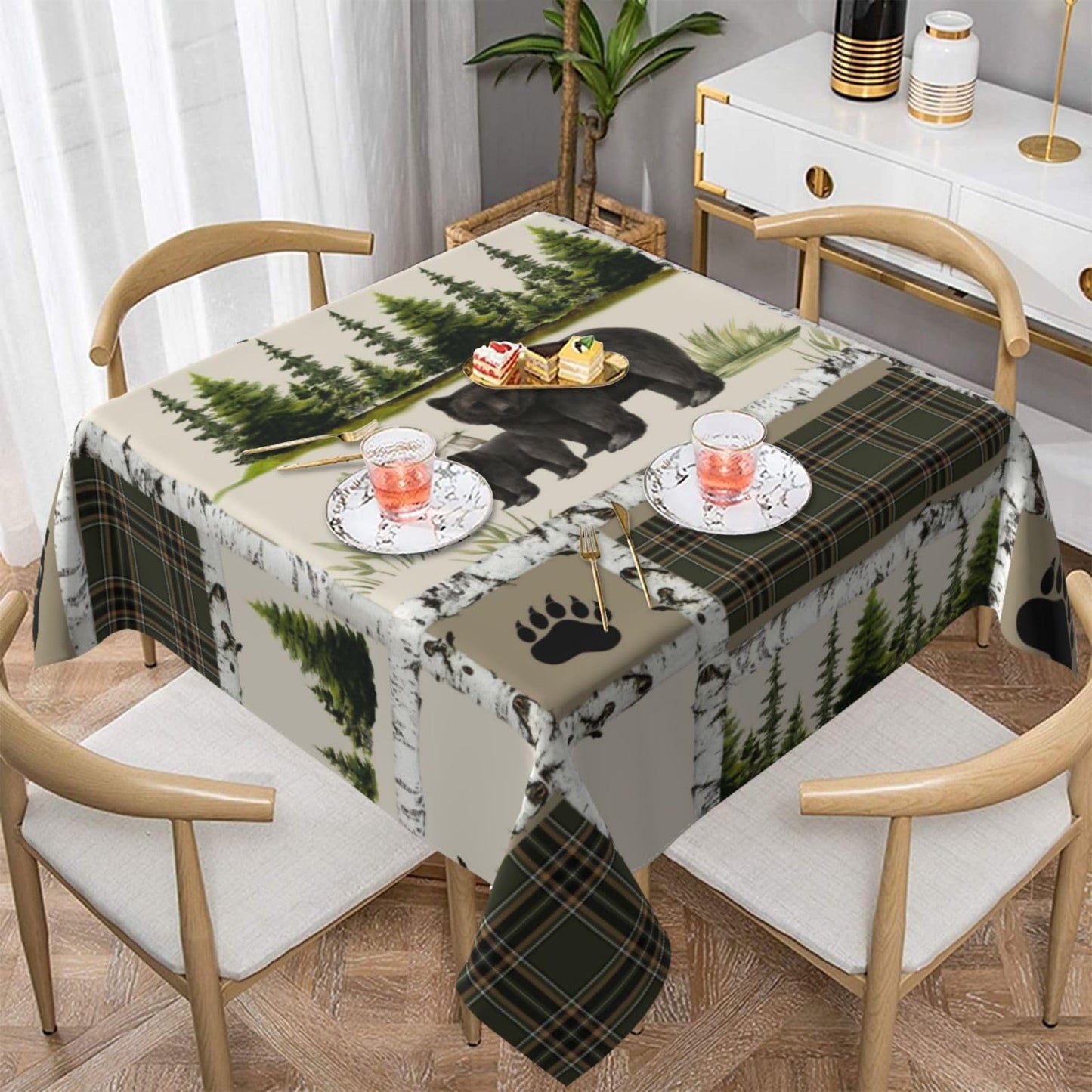 Rustic Country Square Tablecloth,Country Style Farmhouse Lodge Bear Moose Deer Long Table Cloth Washable Table Cover for Kitchen Dining,55"x55"