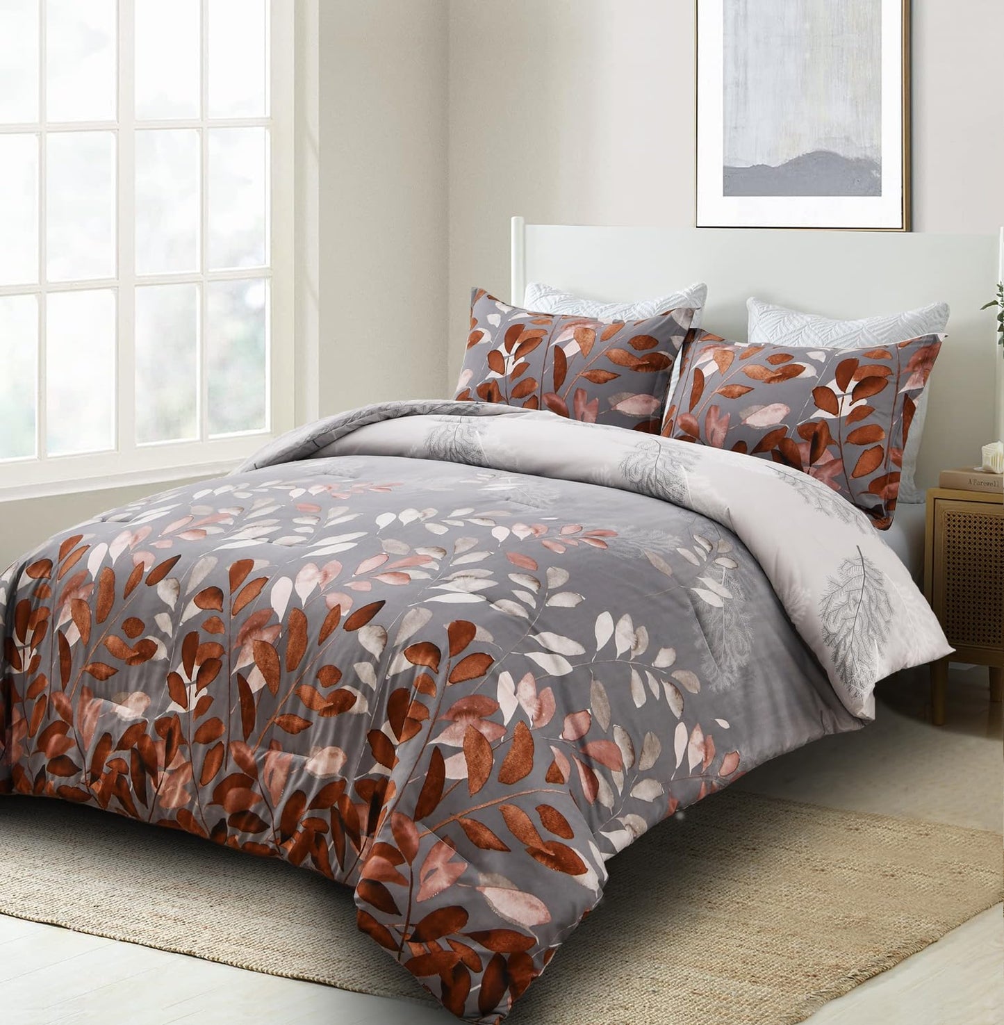 DJY Brown Comforter Set King, Botanical Leaves Comforter for King Bed 3 Pieces Reversible Floral Bed Comforter Sets Soft Microfiber Bedding Set for All Season (104"x90")
