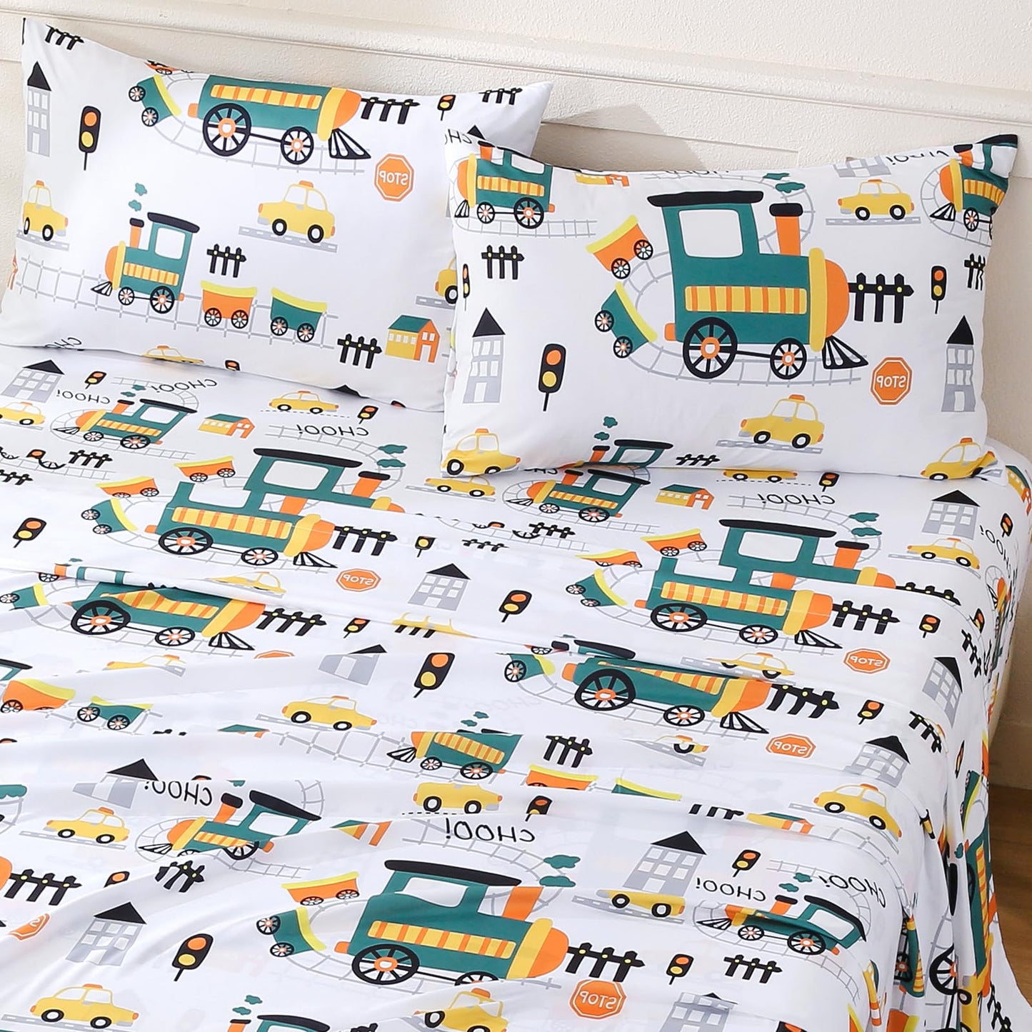 ChicView Full Sheet Set Kids,4 Pieces Breathable Soft Microfiber Bedsheets for Child Boys Girls, Anti Pilling Deep Pockets Easy Care Bed Sheets, Train