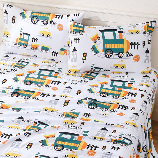 ChicView Full Sheet Set Kids,4 Pieces Breathable Soft Microfiber Bedsheets for Child Boys Girls, Anti Pilling Deep Pockets Easy Care Bed Sheets, Train