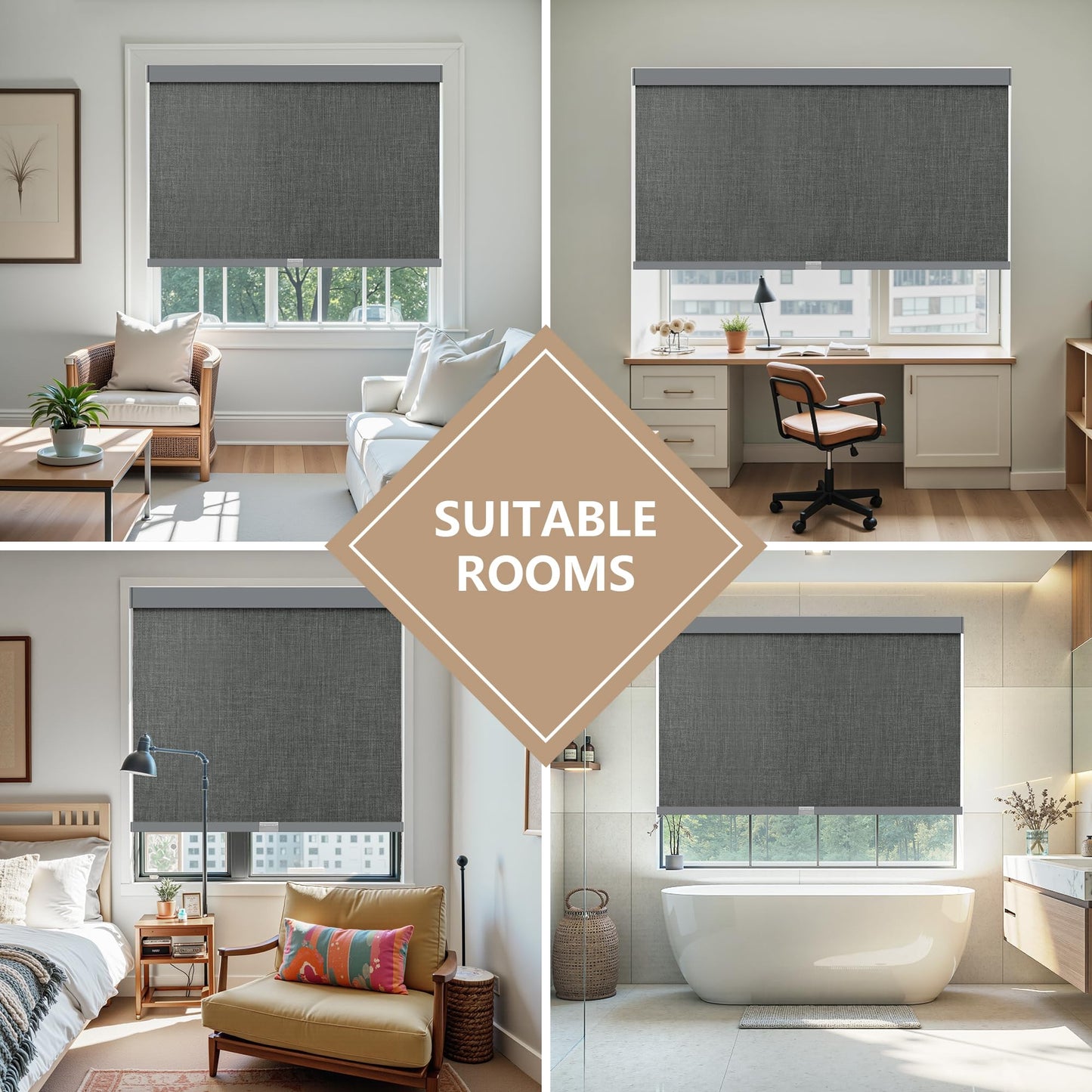 AOSKY Linen Roller Blinds Shades for Indoor Windows Pull Down Cordless Blackout Black Out Window Shade 23 Inch Blinds for Home Dark Grey