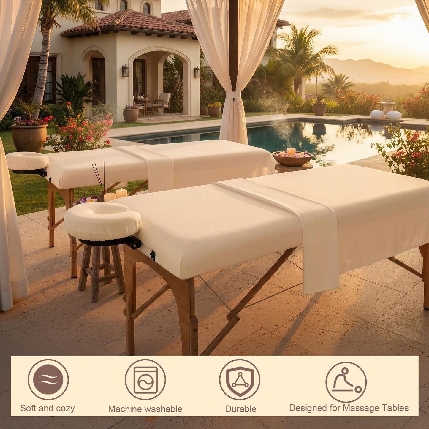 Oudain 4 Sets 3 Piece Soft Microfiber Massage Table Sheets Set Bulk Includes Massage Flat Sheet and Fitted Sheet and Face Rest Cover(Beige)