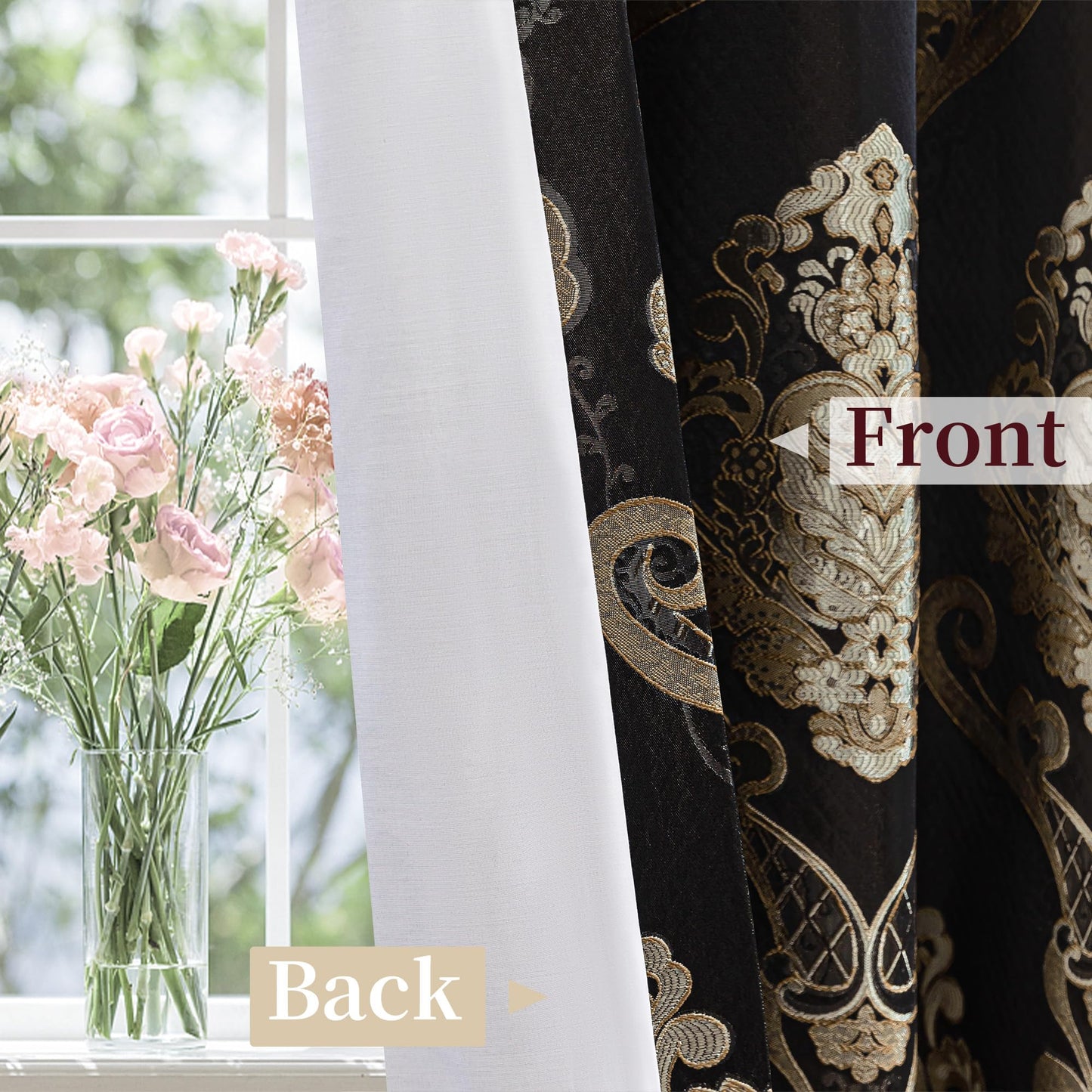Loom and Mill Luxury Damask Curtains for Bedroom, Lined Thick Jacquard Blackout Curtains with Tiebacks, Window Curtain for Living Room Party Banquet Decor (2 Panels, 52 x 84 Inch, Black)