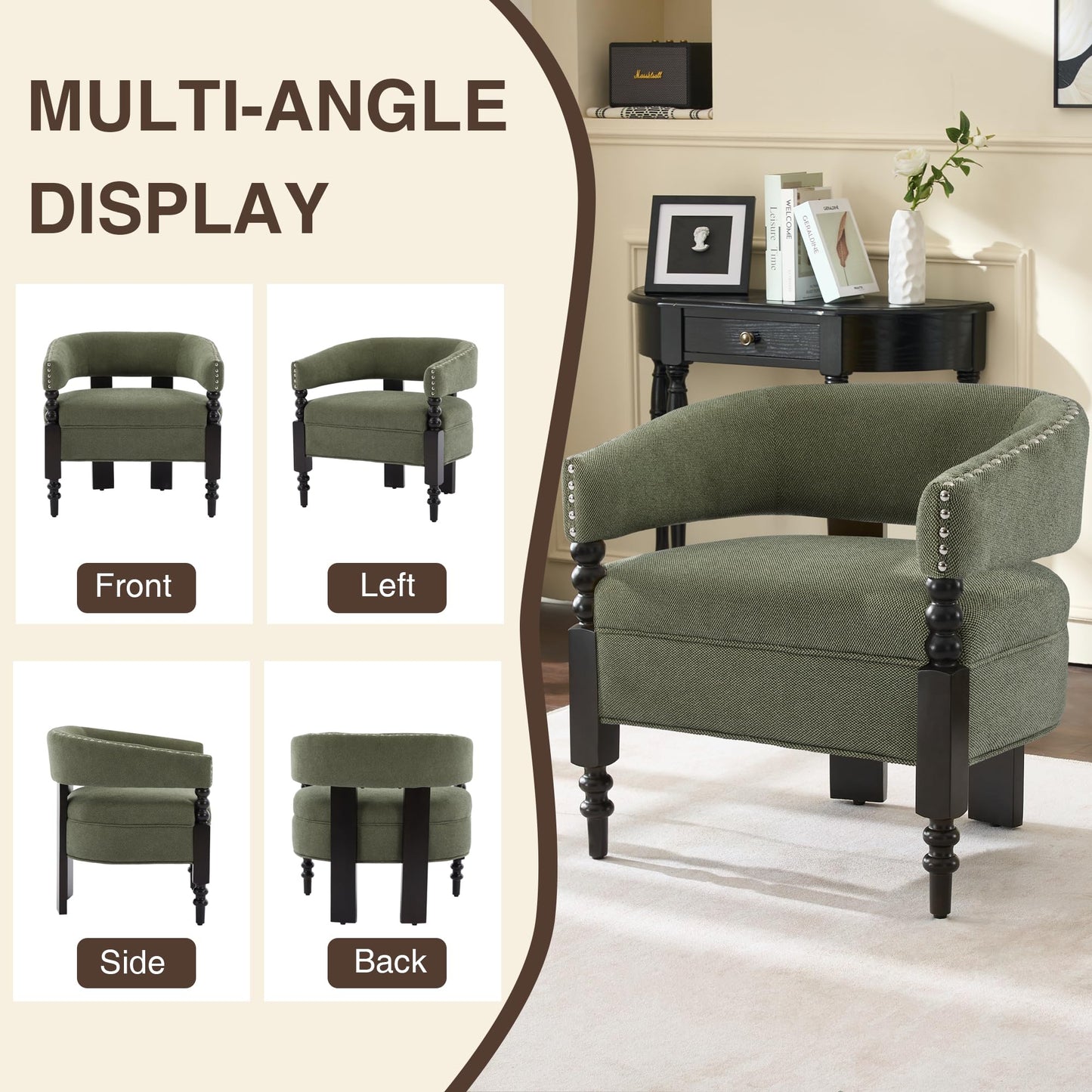 LOULENS Barrel Accent Chair for Living Room | Vintage Linen Upholstered Lounge Chair with Solid Wood Legs, Armchair for Bedroom, Reception Room & Reading Nook, Dark Green