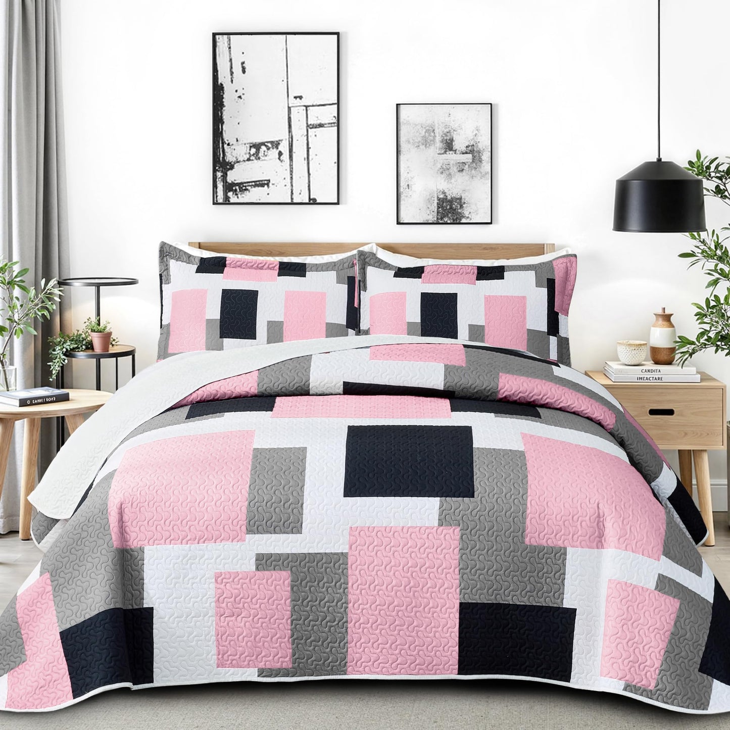 Tyrot 3 Piece Pink Grey Quilt Set King Size Pink Gray White Geometric Reversible Bedding Set Microfiber Lightweight Bedspread Coverlet with 2 Shams Modern Bed Cover for All Season, 106''x96''