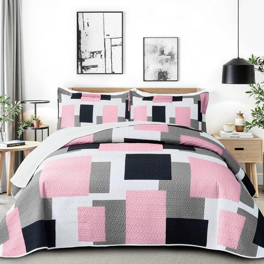 Tyrot 3 Piece Pink Grey Quilt Set King Size Pink Gray White Geometric Reversible Bedding Set Microfiber Lightweight Bedspread Coverlet with 2 Shams Modern Bed Cover for All Season, 106''x96''
