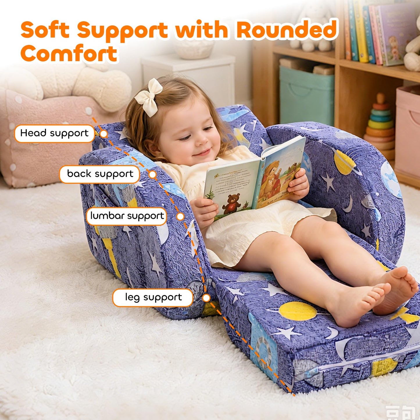 LZNIOZ 3-in-1 Kids Couch, Toddler Chair Comfy 1-3 Years Old, Kids Fold Out Couch with Blanket, Convertible Sofa to Lounger for Girls and Boys Reading, Playing, Napping - Blue