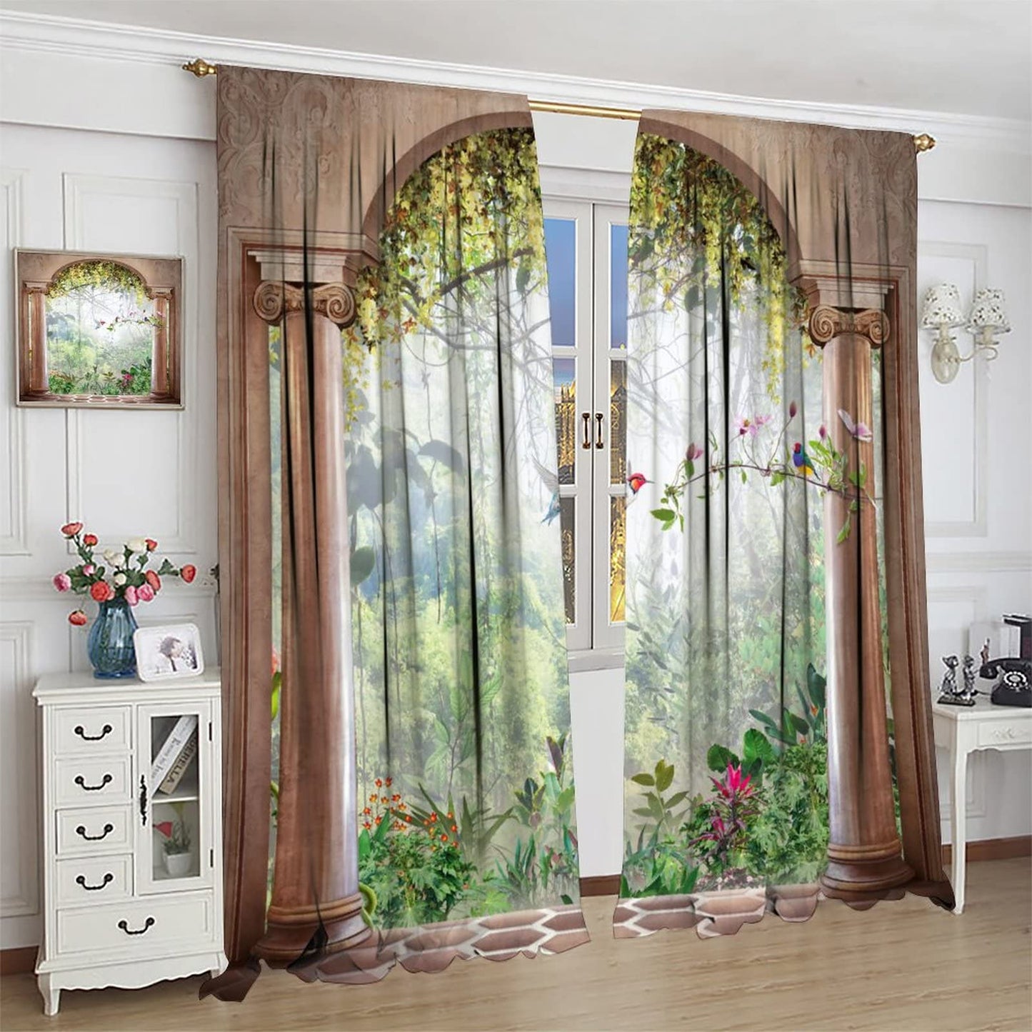 Italian Curtains,Tropical Scenery Plant Birls Arch View Room Darkening Door Window Rod Pocket Curtain for Living Room Bedroom Kitchen Bathroom W42xL45in