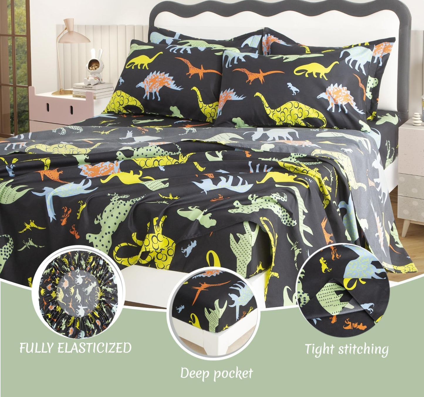SDY 7PCS Twin Dinosaur Bedding Set，Soft Dino Bedding for Kids,Boys and Girls with Dinosaur 1Comforter 1FittedSheet 1FlatSheet 2Pillowcases 2PillowShams