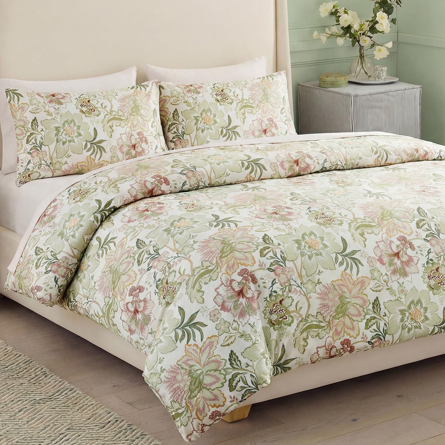 Bedorm 100% Cotton Duvet Cover Set Botanical Floral Bedding Queen Pink Flower Green Leaf French Country Bedroom Decor Soft & Durable Duvet Cover with Zipper Closure and Corner Ties