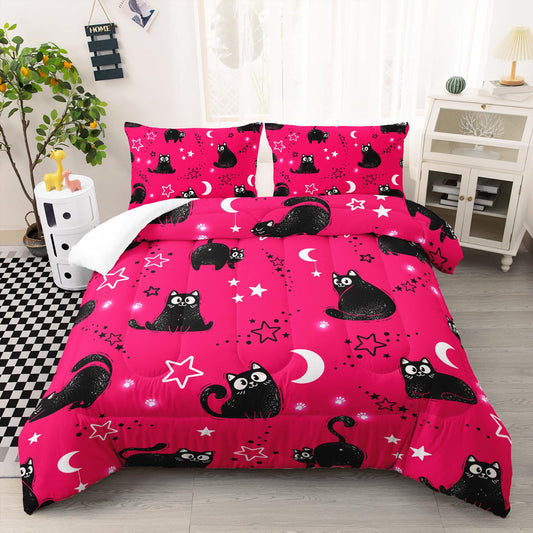 AILONEN Kids Kawaii Black Cat Comforter Set Twin,Cartoon Stars & Moon Bedding Set for Girls,Cute Kitten Printed Pink Duvet with 2 Pillowcases,3-Piece