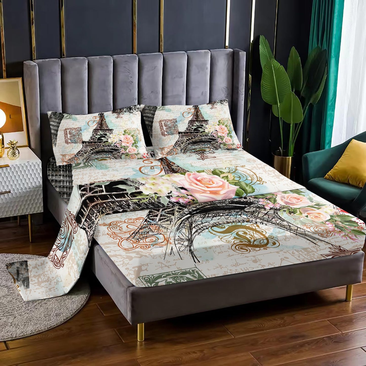 Nttopship Romantism 4 Pieces Bed Sheets Soft Microfiber,Eiffel Tower Bedding Set Fitted Sheet Deep Pockets Top Flat Sheet Room Decor Romantic Floral Queen Size with 2 Pillowcases for Girls and Boys