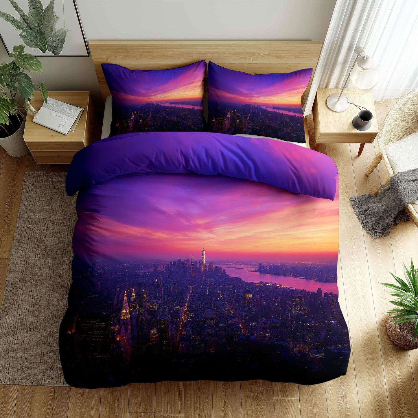 Super Soft Cityscape Duvet Cover Set Twin Size, Neon Art Skyscrapers Bedding for Kids Boys Girls Teens - Breathable and Anti-Allergic Soft Comforter Cover 2 Pillow Shams